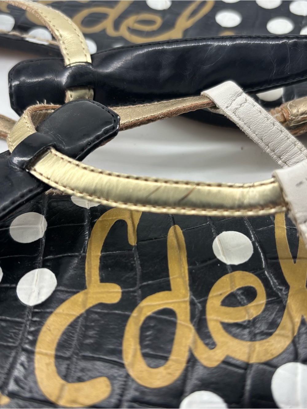 Sam Edelman Gigi Black Polka Dot T-Strap Sandals with Gold Accent Sz 10 - Picture 3 of 4